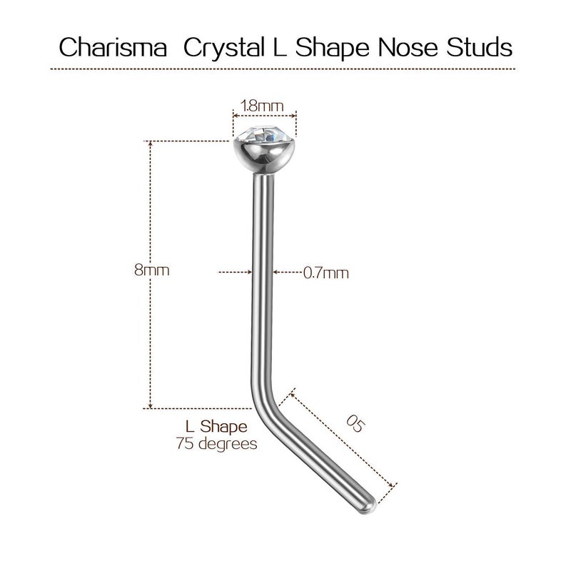 Charisma Small Nose Studs Stainless Steel Curved Nose Stud Bend L Shape Nose Ring Screw Piercing Jewelry Tiny Bone Studs for Women Men Hypoallergenic 20G (10pcs,Clear CZ, L-shape,1.8mm) - Image 4